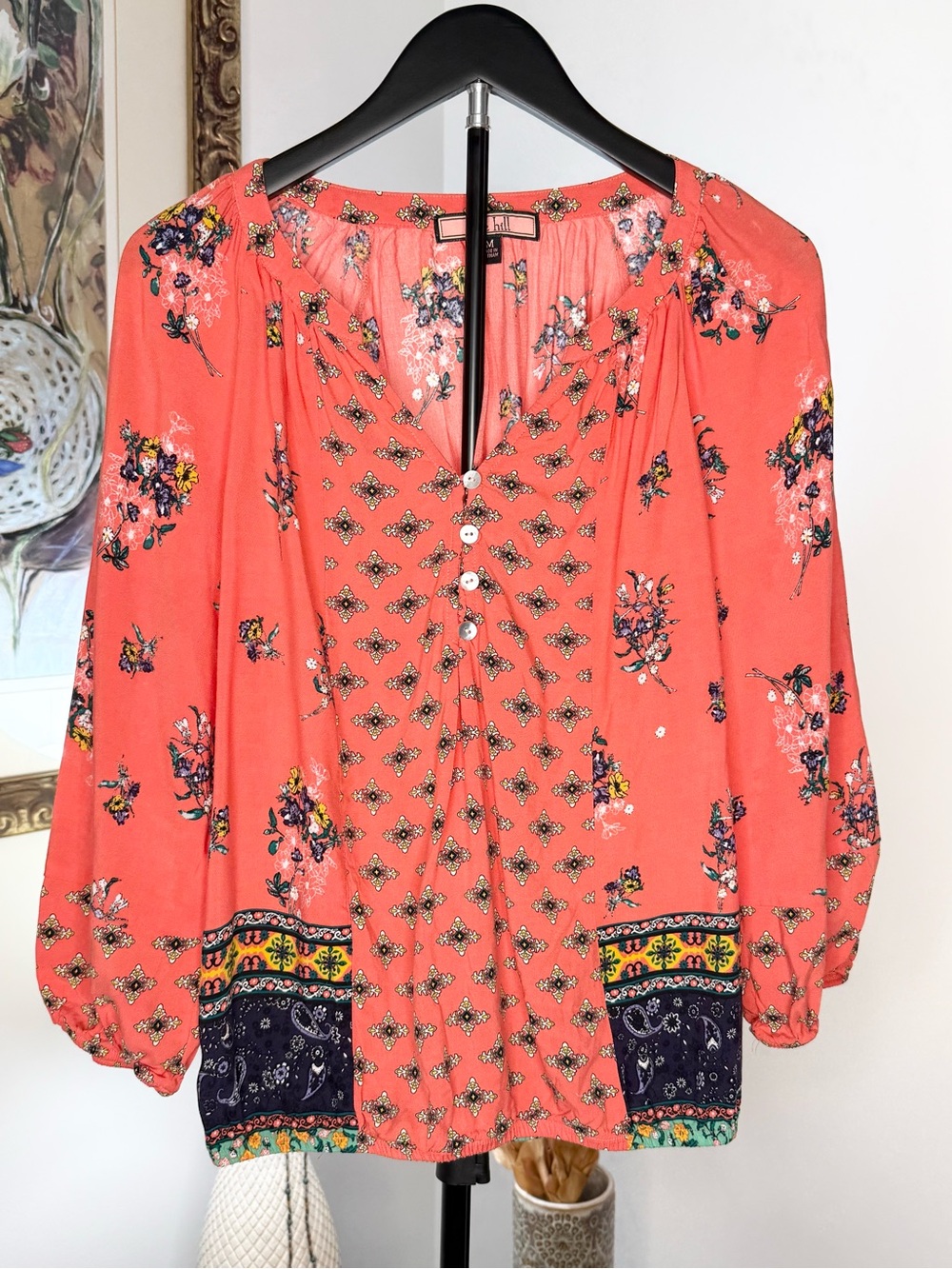 Olive Hill Womens M Coral Floral Paisley Boho Blouse Button Front Rayon Top